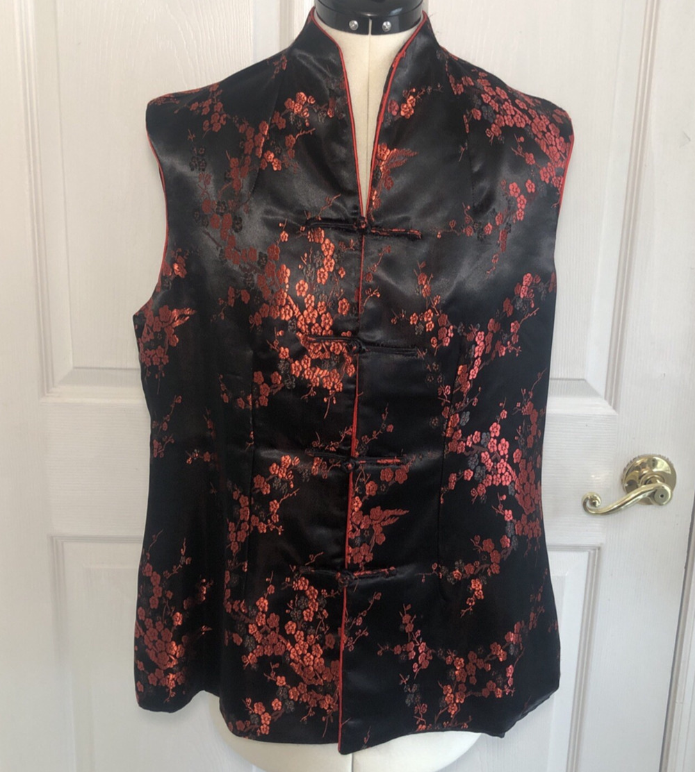 Vtg silk Vest sz Med Chinese brocade Blossom Black Vampire chinoiserie Moody